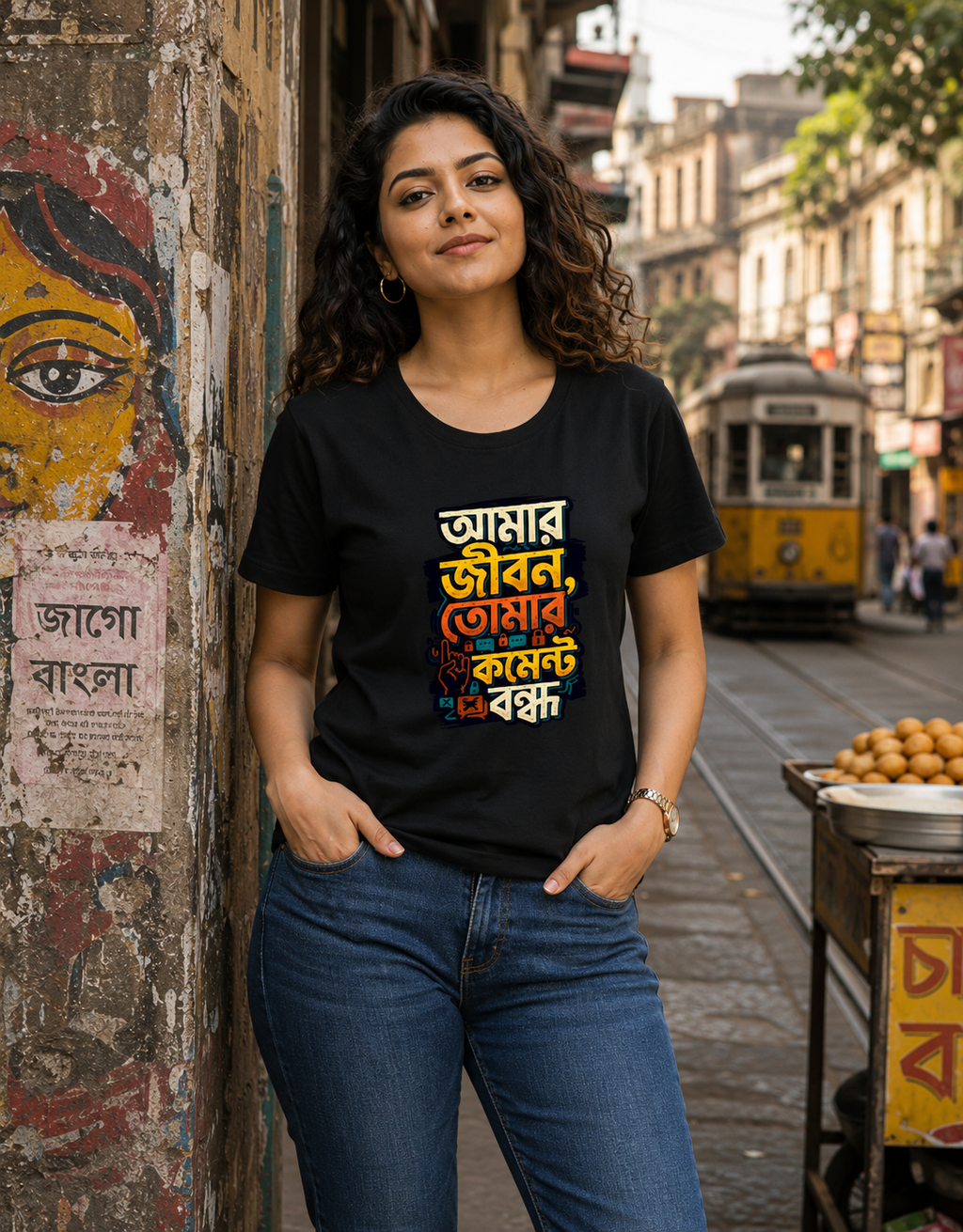 LUCE & SETE GPT mockup 1 - আমার জীবন তোমার কমেন্ট বন্ধ Classic Graphic T-Shirt for Women | Bengali Attitude Streetwear - 555_9396042662125_womens-classic-t-shirt-138_BENGALI_front_HERO_20260610_085456.png