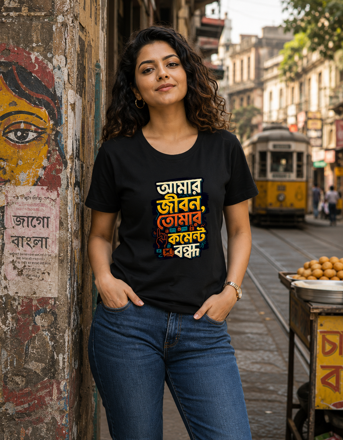 LUCE & SETE GPT mockup 1 - আমার জীবন তোমার কমেন্ট বন্ধ Classic Graphic T-Shirt for Women | Bengali Attitude Streetwear - 555_9396042662125_womens-classic-t-shirt-138_BENGALI_front_HERO_20260610_085456.png