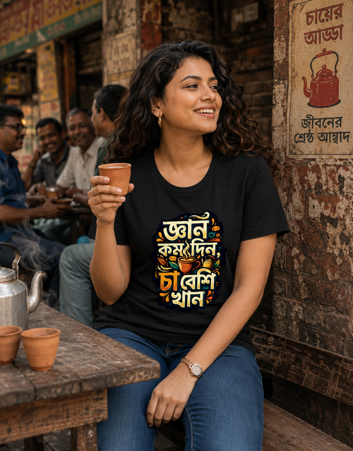 LUCE & SETE GPT mockup 1 - Bengali Tea Humor Classic Graphic T-Shirt for Women | Playful Bengali Pride - 555_9396042727661_womens-classic-t-shirt-139_BENGALI_front_HERO_20260610_085823.png
