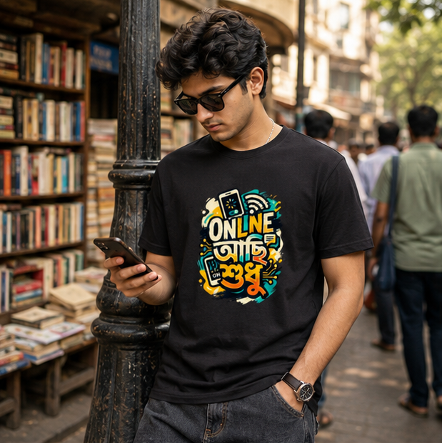 LUCE & SETE GPT mockup 1 - Online আছি শুধু Classic Graphic T-Shirt for Men | Bengali Digital Pride Streetwear - 555_9396080083181_unisex-classic-crew-t-shirt-133_BENGALI_GRID_20260610_114848_01_row1_col1.png