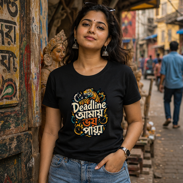 LUCE & SETE GPT mockup 1 - Deadline আমায় ভয় পায় Classic Graphic T-Shirt for Women | Bold Bengali Pride - 555_9396180943085_womens-classic-t-shirt-141_BENGALI_GRID_20260610_131753_01_row1_col1.png