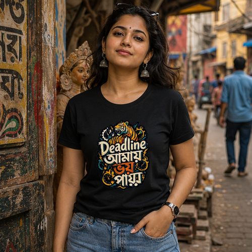 LUCE & SETE GPT mockup 1 - Deadline আমায় ভয় পায় Classic Graphic T-Shirt for Women | Bold Bengali Pride - 555_9396180943085_womens-classic-t-shirt-141_BENGALI_GRID_20260610_131753_01_row1_col1.png