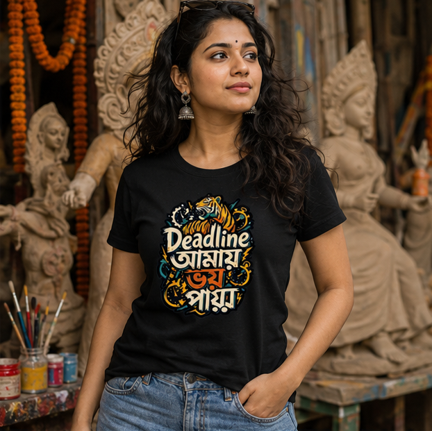 LUCE & SETE GPT mockup 1 - Deadline আমায় ভয় পায় Classic Graphic T-Shirt for Women | Bold Bengali Pride - 555_9396180943085_womens-classic-t-shirt-141_BENGALI_GRID_20260610_131753_02_row1_col2.png