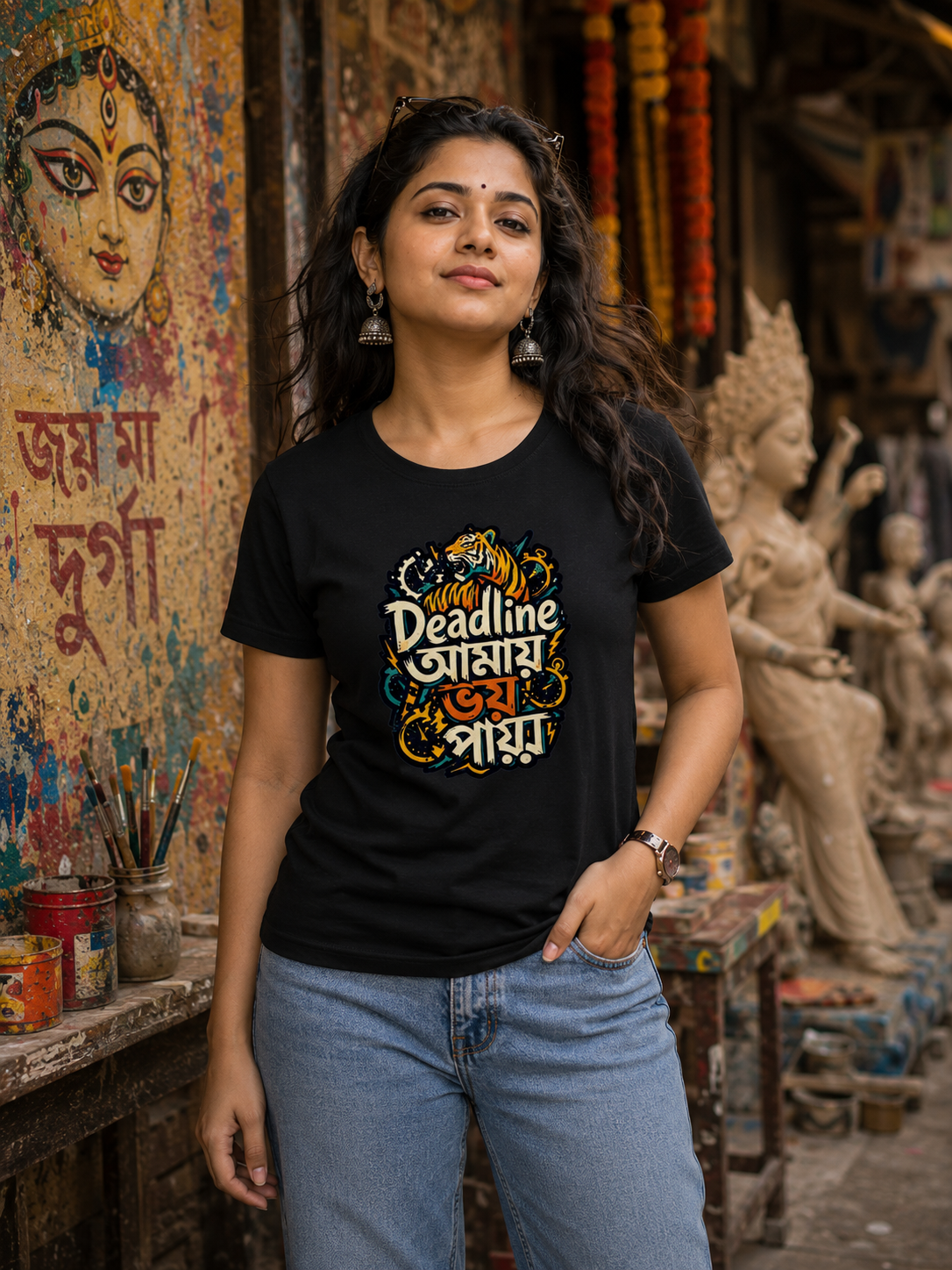 LUCE & SETE GPT mockup 1 - Deadline আমায় ভয় পায় Classic Graphic T-Shirt for Women | Bold Bengali Pride - 555_9396180943085_womens-classic-t-shirt-141_BENGALI_front_HERO_20260610_131956.png