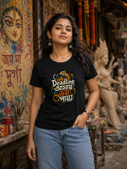LUCE & SETE GPT mockup 1 - Deadline আমায় ভয় পায় Classic Graphic T-Shirt for Women | Bold Bengali Pride - 555_9396180943085_womens-classic-t-shirt-141_BENGALI_front_HERO_20260610_131956.png