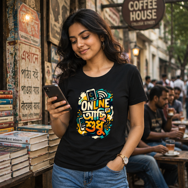 LUCE & SETE GPT mockup 1 - Online আছি শুধু Classic Graphic T-Shirt for Women | Bengali Digital Pride - 555_9396181631213_womens-classic-t-shirt-144_BENGALI_GRID_20260610_132842_02_row1_col2.png