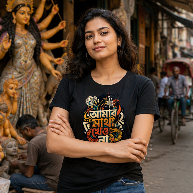 LUCE & SETE GPT mockup 1 - আমার মাথা খেও না Classic Graphic T-Shirt for Women | Bold Bengali Statement - 555_9396181729517_womens-classic-t-shirt-145_BENGALI_GRID_20260610_133239_01_row1_col1.png