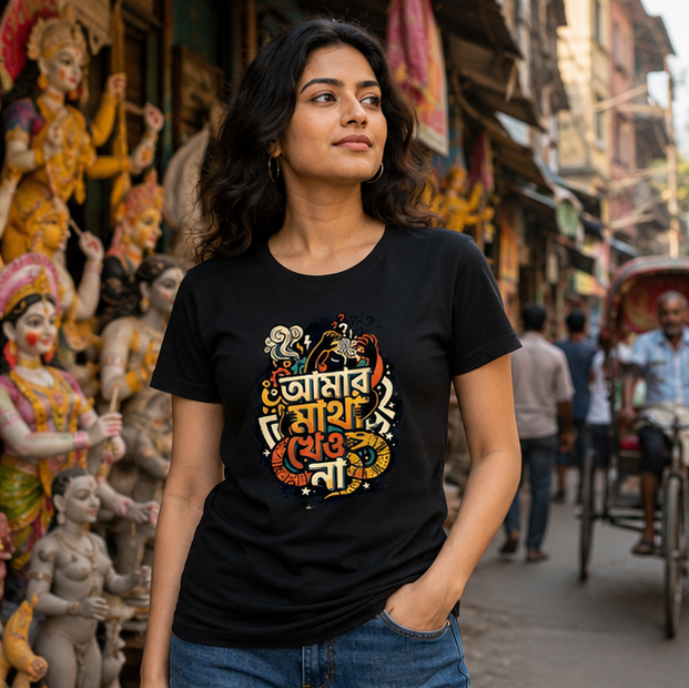 LUCE & SETE GPT mockup 1 - আমার মাথা খেও না Classic Graphic T-Shirt for Women | Bold Bengali Statement - 555_9396181729517_womens-classic-t-shirt-145_BENGALI_GRID_20260610_133239_02_row1_col2.png