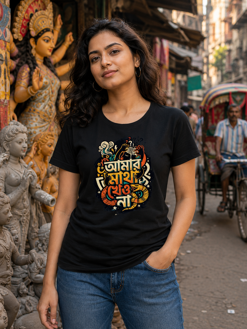 LUCE & SETE GPT mockup 1 - আমার মাথা খেও না Classic Graphic T-Shirt for Women | Bold Bengali Statement - 555_9396181729517_womens-classic-t-shirt-145_BENGALI_front_HERO_20260610_133404.png
