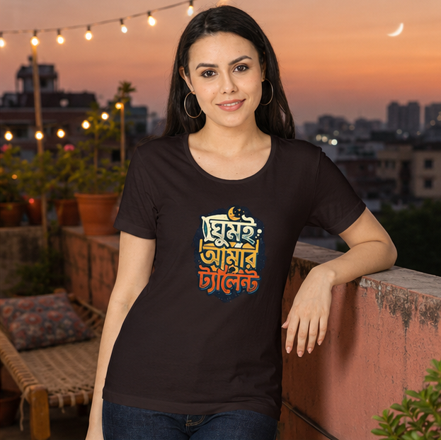LUCE & SETE GPT mockup 1 - ঘুমই আমার ট্যালেন্ট Bengali Typography Classic Graphic T-Shirt for Women | Humorous Bengali Streetwear - 555_9399862952173_womens-classic-t-shirt-150_BENGALI_GRID_20260615_160525_02_row1_col2.png