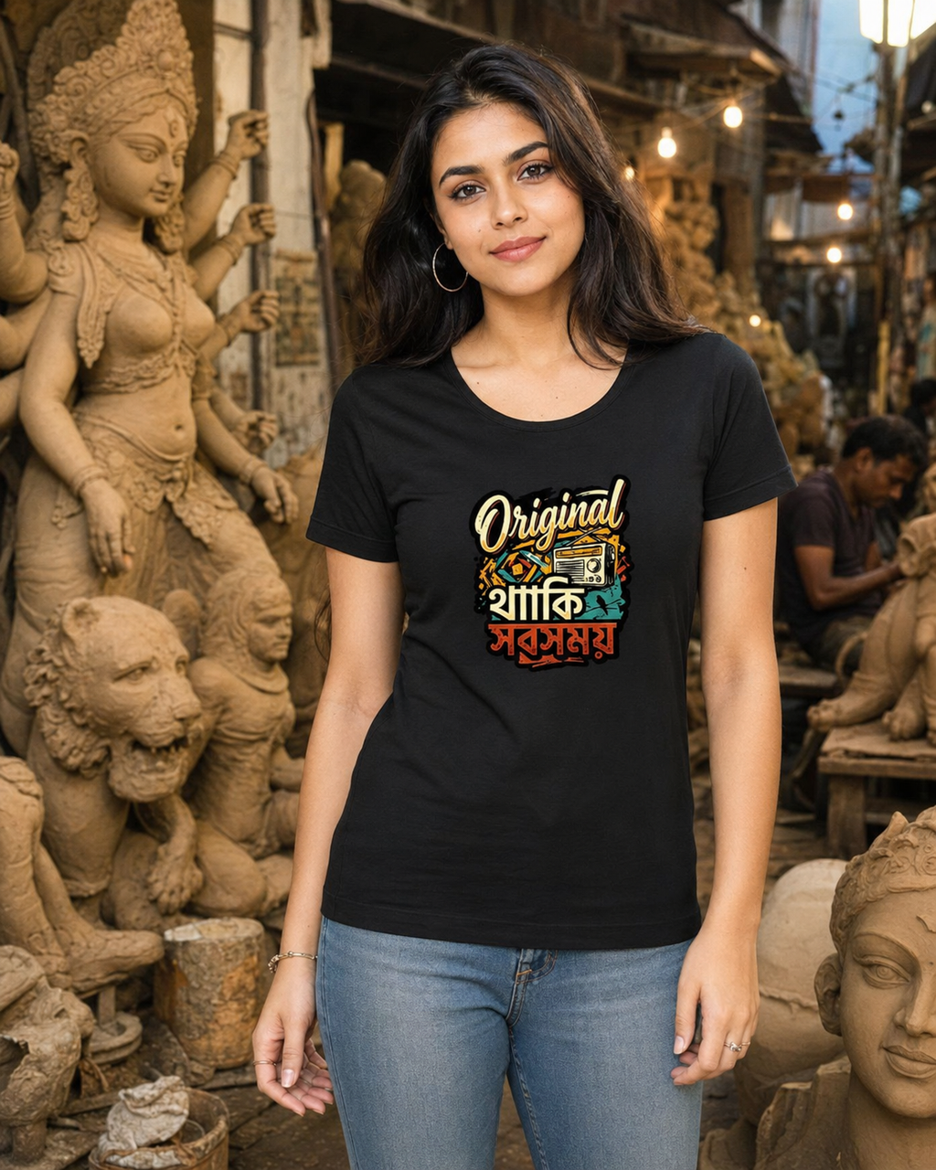 LUCE & SETE GPT mockup 1 - Original থাকি সবসময় Classic Graphic T-Shirt for Women | Bengali Pride Statement - 555_9399864361197_womens-classic-t-shirt-154_BENGALI_front_HERO_20260615_162311.png