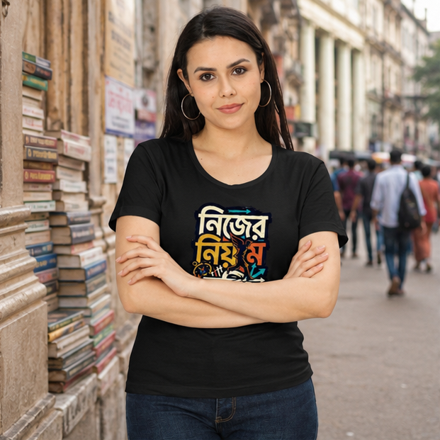 LUCE & SETE GPT mockup 1 - নিজের নিয়মে চল Classic Graphic T-Shirt for Women | Bengali Empowerment Streetwear - 555_9399864819949_womens-classic-t-shirt-155_BENGALI_GRID_20260615_162712_01_row1_col1.png