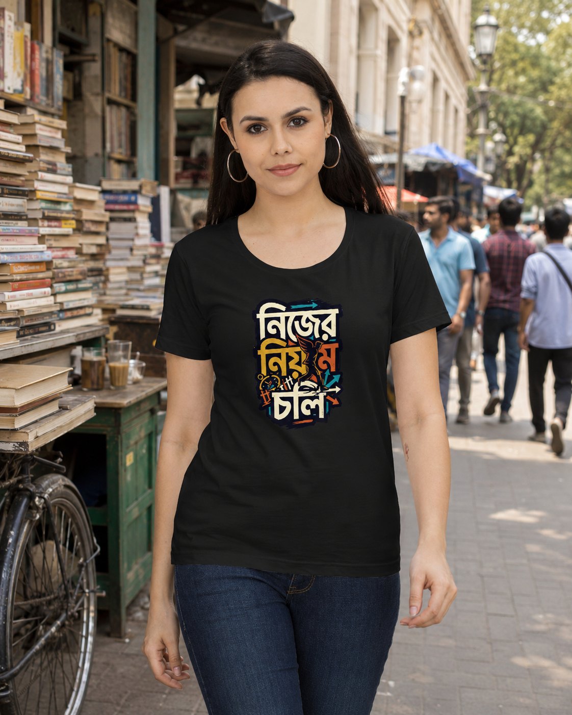 LUCE & SETE GPT mockup 1 - নিজের নিয়মে চল Classic Graphic T-Shirt for Women | Bengali Empowerment Streetwear - 555_9399864819949_womens-classic-t-shirt-155_BENGALI_front_HERO_20260615_162912.png