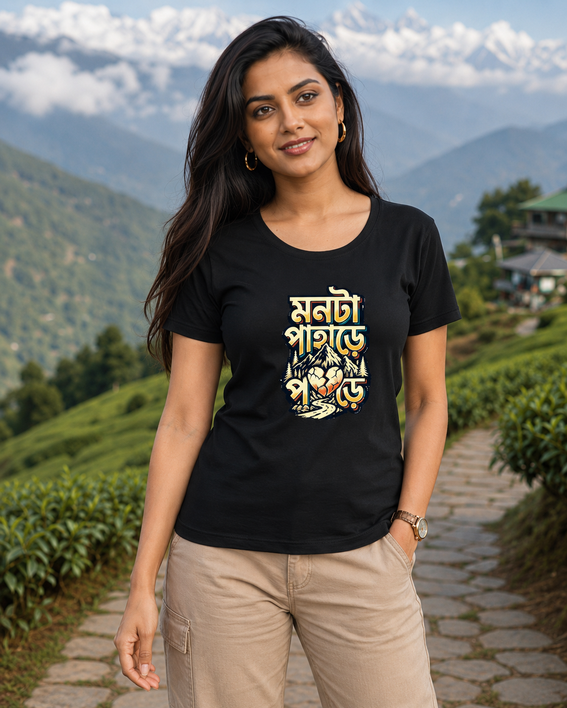 LUCE & SETE GPT mockup 1 - মনটা পাহাড়ে পড়ে Classic Graphic T-Shirt for Women | Bengali Mountain Streetwear - 555_9400072339693_womens-classic-t-shirt-159_BENGALI_front_HERO_20260615_223754.png