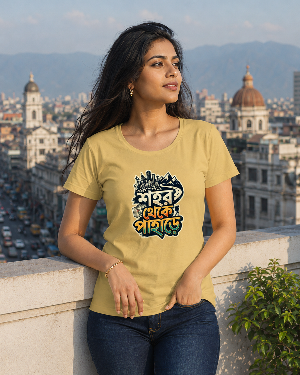 LUCE & SETE GPT mockup 1 - Urban to Mountain Escape Classic Graphic T-Shirt for Women | Travel Streetwear - 555_9400072601837_womens-classic-t-shirt-161_BENGALI_front_HERO_20260615_224515.png