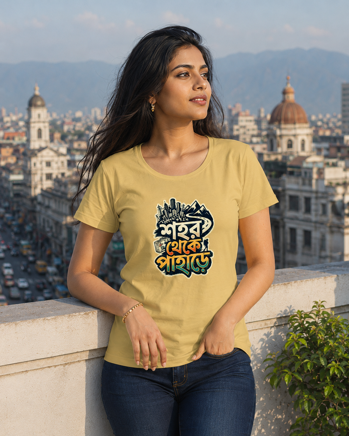 LUCE & SETE GPT mockup 1 - Urban to Mountain Escape Classic Graphic T-Shirt for Women | Travel Streetwear - 555_9400072601837_womens-classic-t-shirt-161_BENGALI_front_HERO_20260615_224515.png