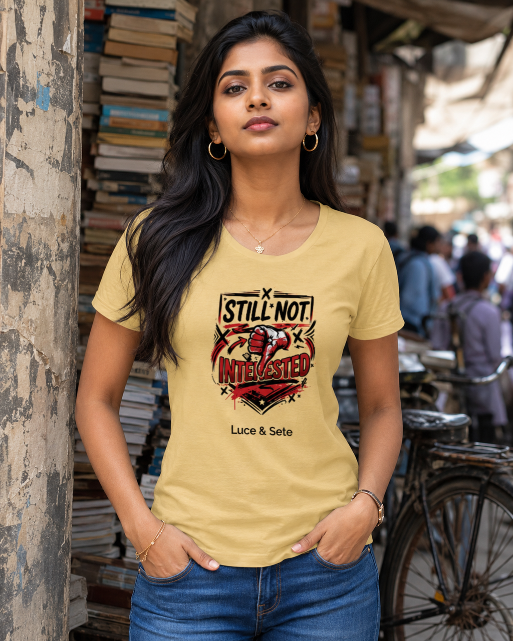 LUCE & SETE GPT mockup 1 - Still Not Interested Bold Statement Classic Graphic T-Shirt for Women | Attitude Streetwear - 555_9400922669293_womens-classic-t-shirt-171_BUILD_DIFF_front_HERO_20260616_110831.png
