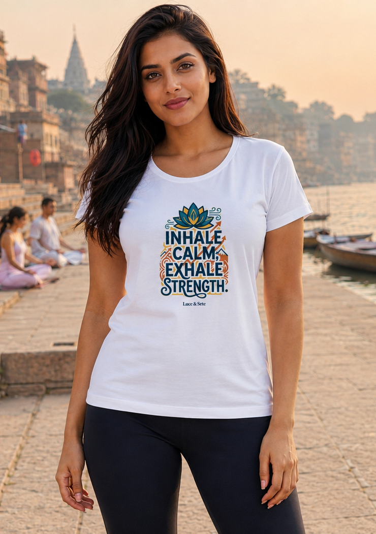 LUCE & SETE GPT mockup 1 - Inhale Calm Exhale Strength Classic Graphic T-Shirt for Women | Mindful Strength Streetwear - 555_9403380400365_womens-classic-t-shirt-173_YOGA_front_PAIR_20260617_180252_02_row1_col2.png