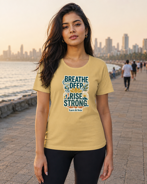 LUCE & SETE GPT mockup 1 - Breathe Deep Rise Strong Classic Graphic T-Shirt for Women | Empowerment Streetwear - 555_9403380564205_womens-classic-t-shirt-174_CLASSIC_front_HERO_20260617_180625.png