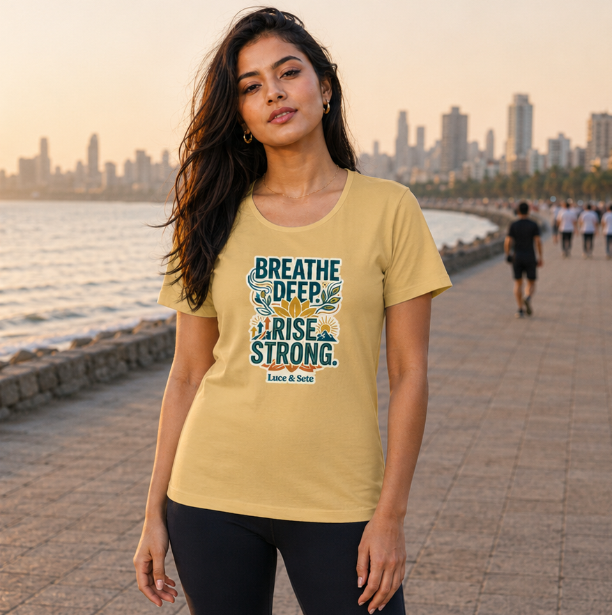 LUCE & SETE GPT mockup 1 - Breathe Deep Rise Strong Classic Graphic T-Shirt for Women | Empowerment Streetwear - 555_9403380564205_womens-classic-t-shirt-174_CLASSIC_front_PAIR_20260617_180822_02_row1_col2.png