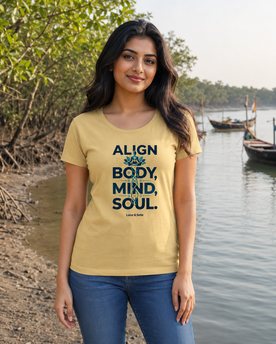 LUCE & SETE GPT mockup 1 - Align Body Mind Soul Classic Graphic T-Shirt for Women | Yoga & Wellness Statement - 555_9403380826349_womens-classic-t-shirt-175_CLASSIC_front_HERO_20260617_181144.png