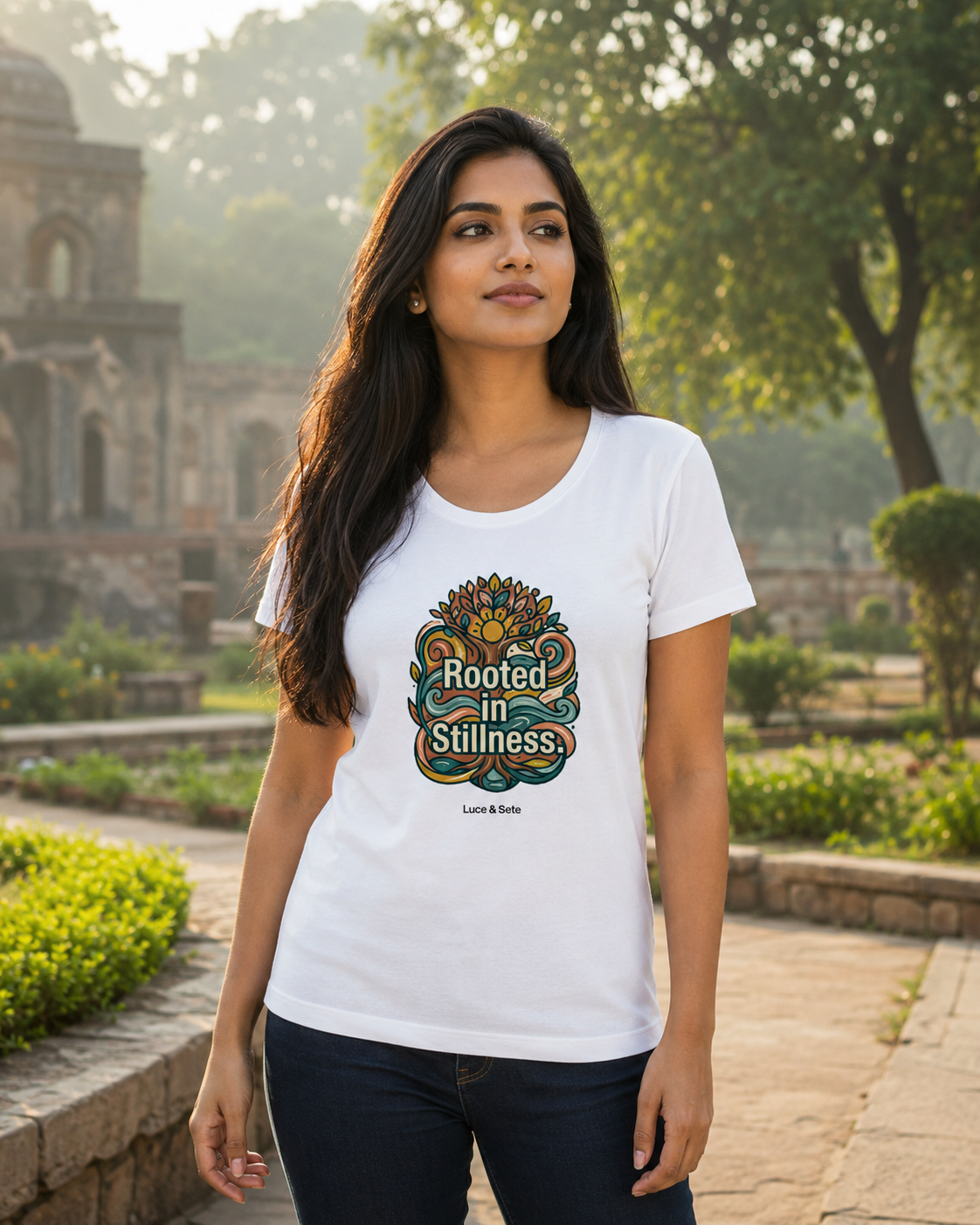 LUCE & SETE GPT mockup 1 - Rooted in Stillness Classic Graphic T-Shirt for Women | Mindful Calm Streetwear - 555_9403381416173_womens-classic-t-shirt-178_CLASSIC_front_HERO_20260618_135654.png