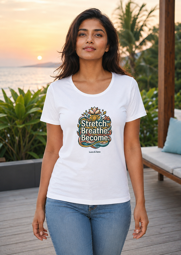 LUCE & SETE GPT mockup 1 - Stretch Breathe Become Classic Graphic T-Shirt for Women | Mindful Yoga Streetwear - 555_9403382989037_womens-classic-t-shirt-182_CLASSIC_front_PAIR_20260618_142142_01_row1_col1.png
