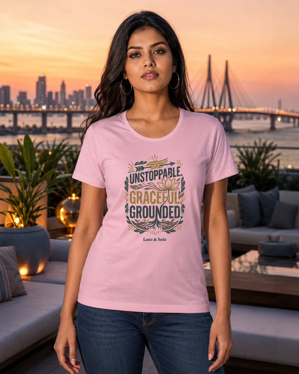 LUCE & SETE GPT mockup 1 - Unstoppable Graceful Grounded Classic Graphic T-Shirt for Women | Empowerment Streetwear - 555_9405337108717_womens-classic-t-shirt-188_CLASSIC_front_HERO_20260619_125210.png