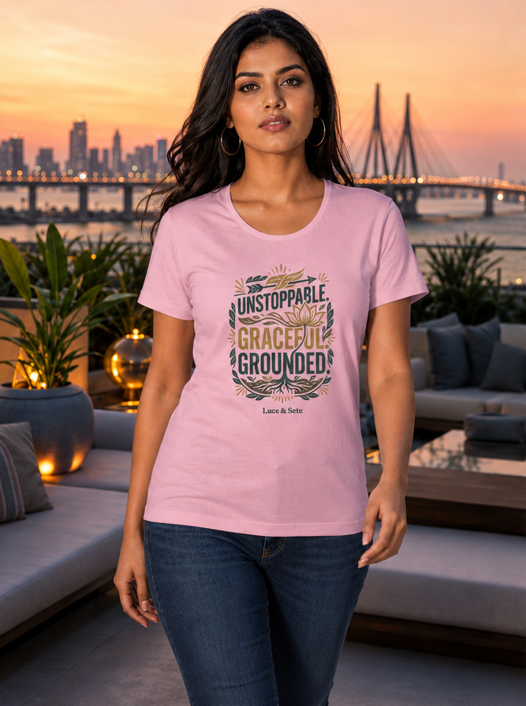 LUCE & SETE GPT mockup 1 - Unstoppable Graceful Grounded Classic Graphic T-Shirt for Women | Empowerment Streetwear - 555_9405337108717_womens-classic-t-shirt-188_CLASSIC_front_PAIR_20260619_125404_01_row1_col1.png