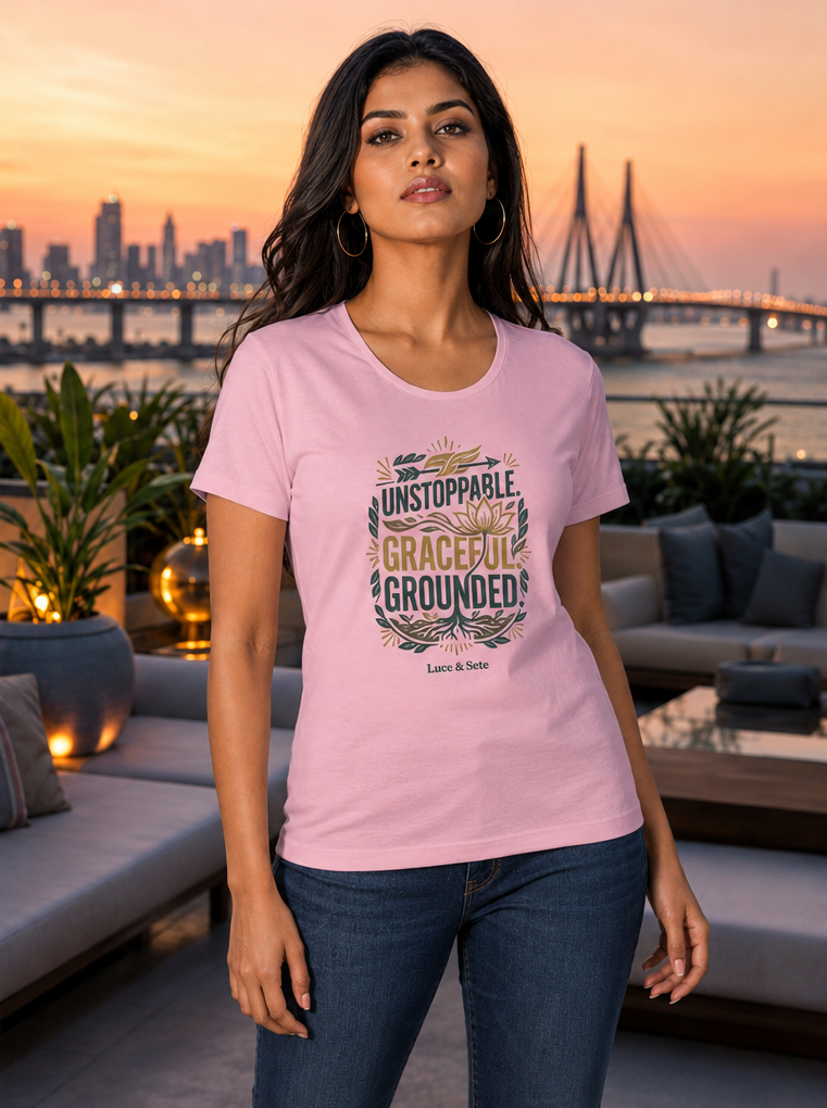 LUCE & SETE GPT mockup 1 - Unstoppable Graceful Grounded Classic Graphic T-Shirt for Women | Empowerment Streetwear - 555_9405337108717_womens-classic-t-shirt-188_CLASSIC_front_PAIR_20260619_125404_02_row1_col2.png