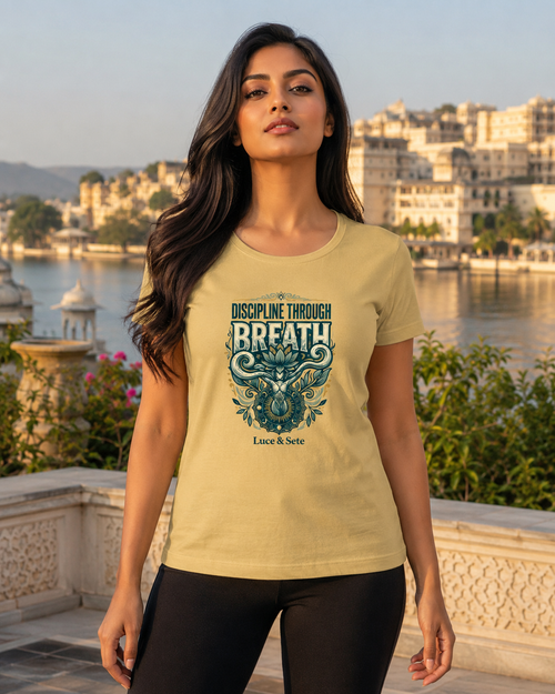 LUCE & SETE GPT mockup 1 - Discipline Through Breath Classic Graphic T-Shirt for Women | Mindful Yoga Streetwear - 555_9405337207021_womens-classic-t-shirt-190_YOGA_front_HERO_20260619_160915.png
