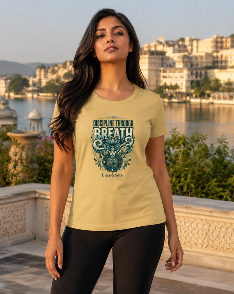 LUCE & SETE GPT mockup 1 - Discipline Through Breath Classic Graphic T-Shirt for Women | Mindful Yoga Streetwear - 555_9405337207021_womens-classic-t-shirt-190_YOGA_front_PAIR_20260619_161036_02_row1_col2.png