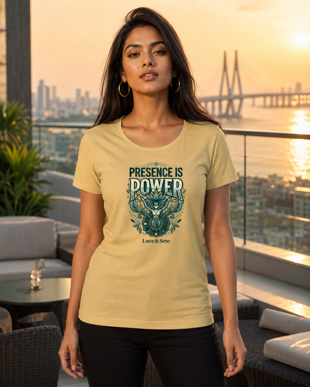 LUCE & SETE GPT mockup 1 - Presence Is Power Classic Graphic T-Shirt for Women | Empowerment Streetwear - 555_9405337436397_womens-classic-t-shirt-194_CLASSIC_front_HERO_20260619_162937.png