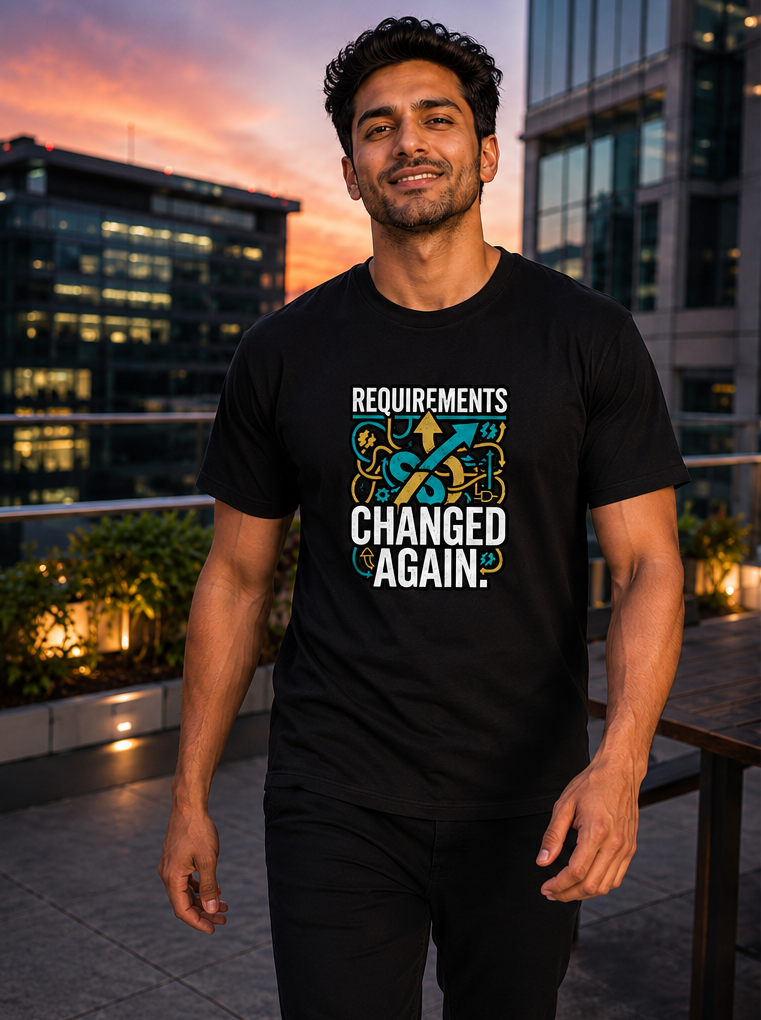 LUCE & SETE GPT mockup 1 - Requirements Changed Again Premium Graphic T-Shirt for Men & Women | Software Developer Humor Streetwear - 555_9408009535725_unisex-stretch-t-shirt-175_TECH_CODE_front_PAIR_20260622_125816_01_row1_col1.png