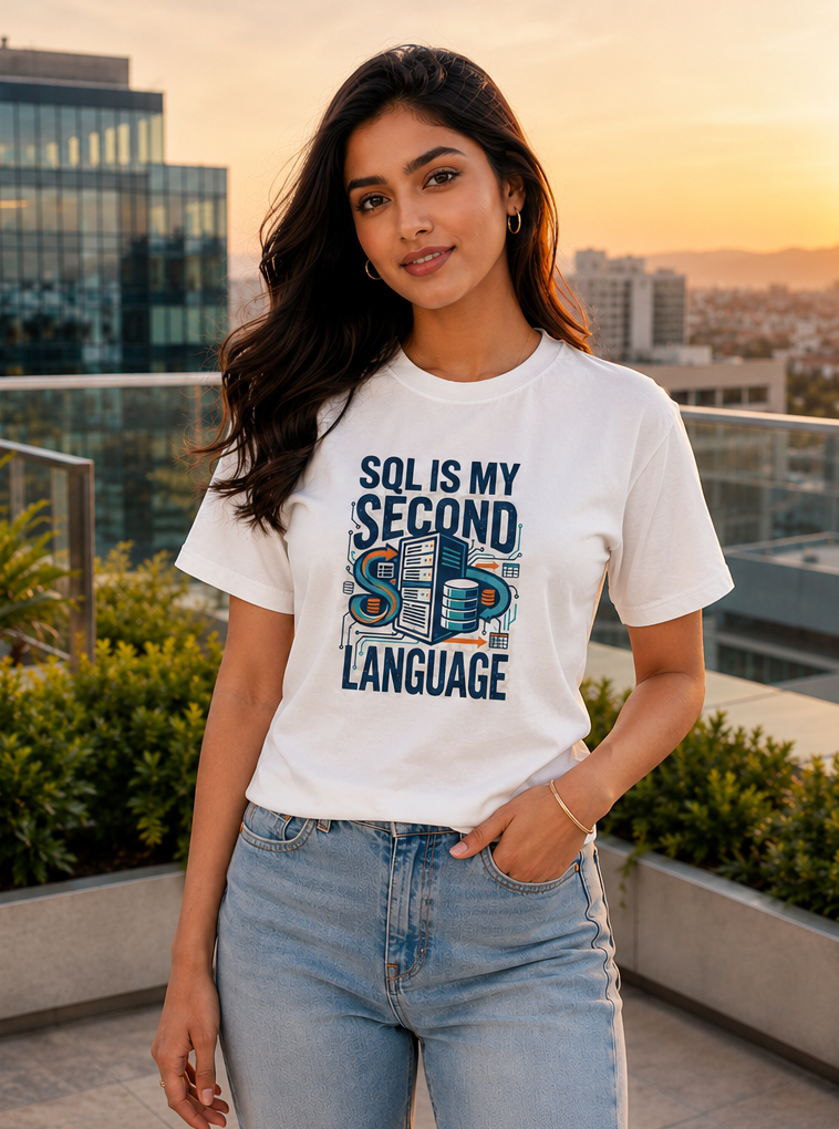 LUCE & SETE GPT mockup 1 - SQL Is My Second Language Premium Graphic T-Shirt for Men & Women | Software Developer Humor Streetwear - 555_9408011272429_unisex-stretch-t-shirt-181_TECH_CODE_front_PAIR_20260622_140016_02_row1_col2.png