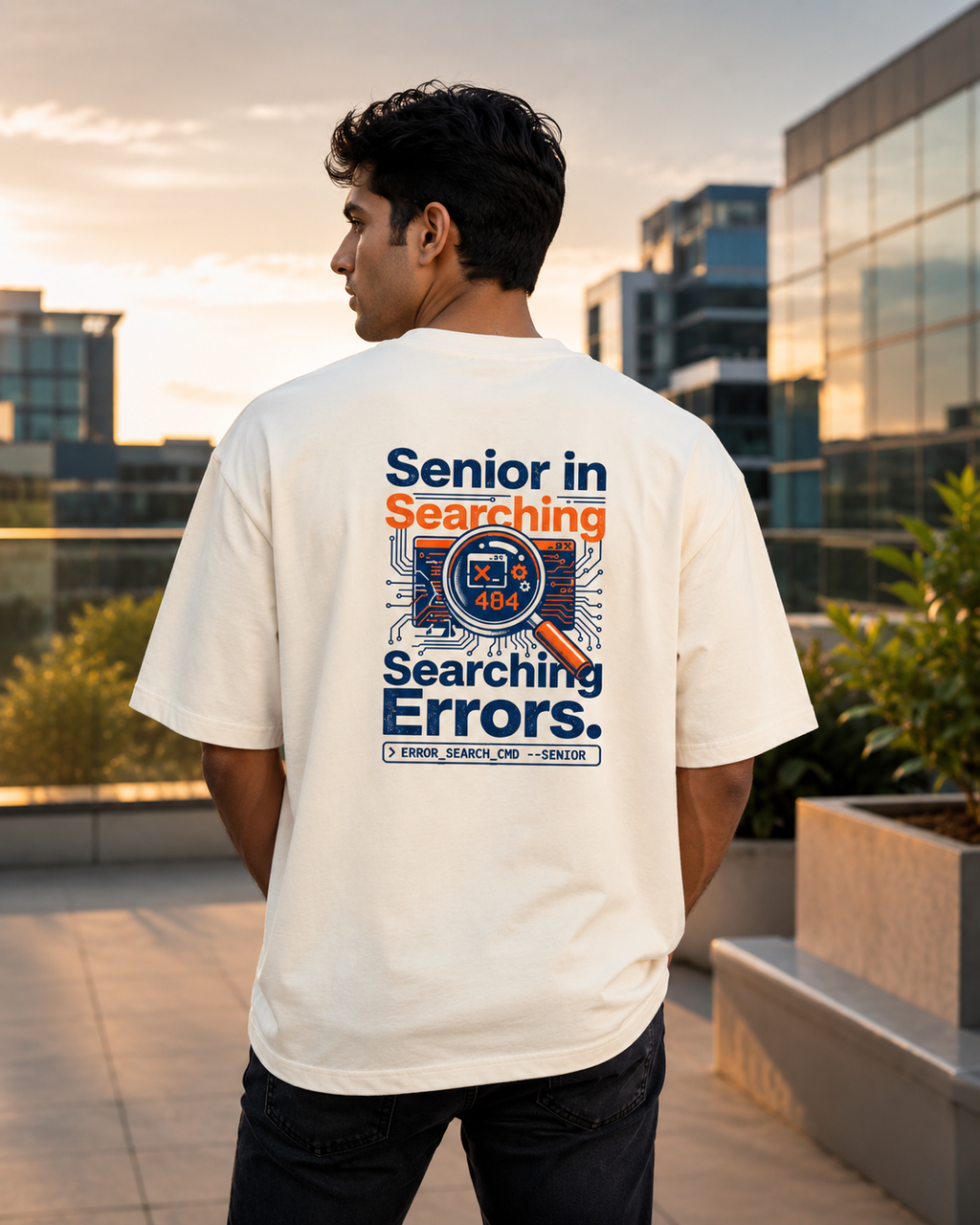 LUCE & SETE GPT mockup 1 - Senior in Searching Errors Oversized Graphic T-Shirt for Men & Women | Software Developer Humor Streetwear - 555_9408140083437_unisex-oversized-classic-t-shirt-119_TECH_CODE_back_HERO_20260622_174104.png