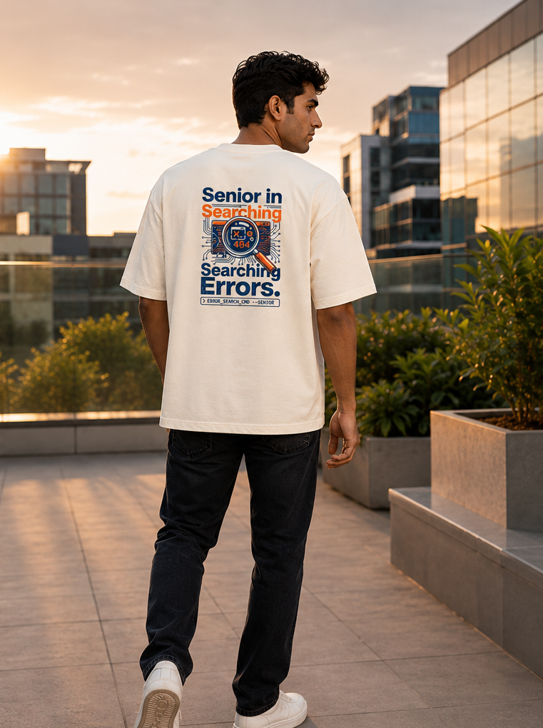 LUCE & SETE GPT mockup 1 - Senior in Searching Errors Oversized Graphic T-Shirt for Men & Women | Software Developer Humor Streetwear - 555_9408140083437_unisex-oversized-classic-t-shirt-119_TECH_CODE_back_PAIR_20260622_174351_02_row1_col2.png