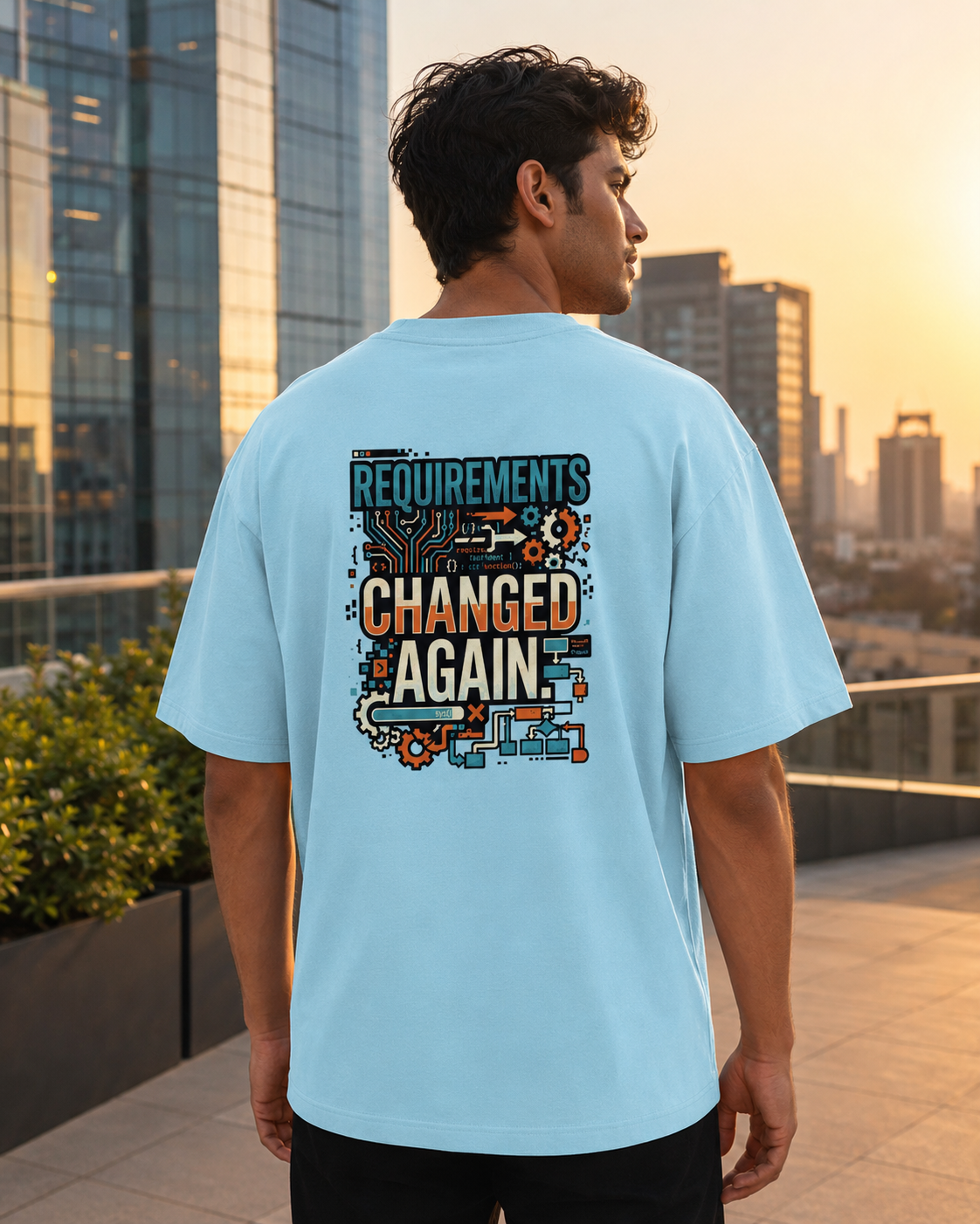LUCE & SETE GPT mockup 1 - Requirements Changed Again Oversized Classic T-Shirt for Men & Women | Software Developer Humor Streetwear - 555_9408140443885_unisex-oversized-classic-t-shirt-120_TECH_CODE_back_HERO_20260622_174547.png