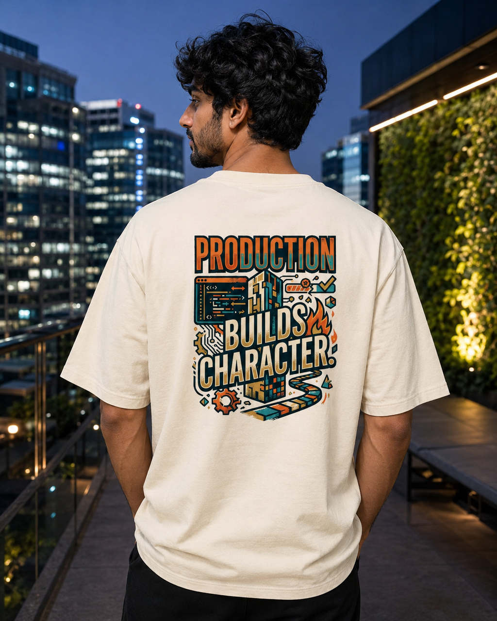 LUCE & SETE GPT mockup 1 - Production Builds Character Oversized Graphic T-Shirt for Men & Women | Software Developer Humor Streetwear - 555_9408140935405_unisex-oversized-classic-t-shirt-121_TECH_CODE_back_HERO_20260622_175101.png