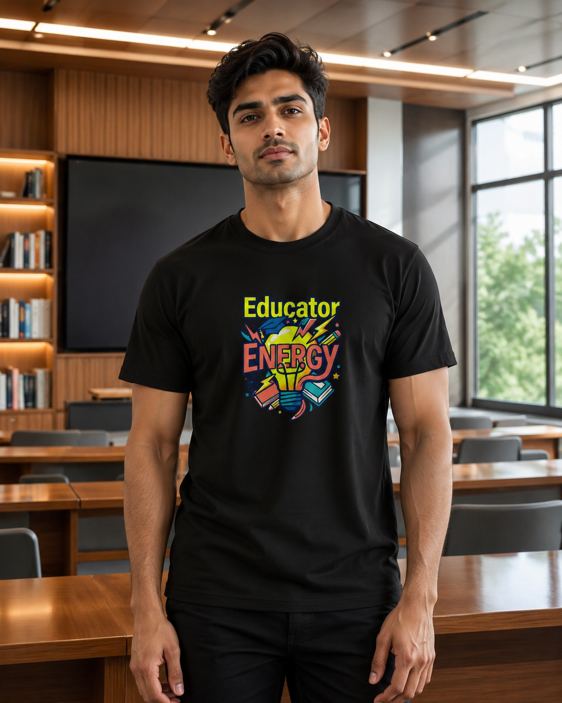 LUCE & SETE GPT mockup 1 - Educator Energy Premium Graphic T-Shirt for Men & Women | Teach Mode Streetwear - 555_9408233439469_unisex-stretch-t-shirt-189_TEACH_MODE_front_HERO_20260623_145304.png