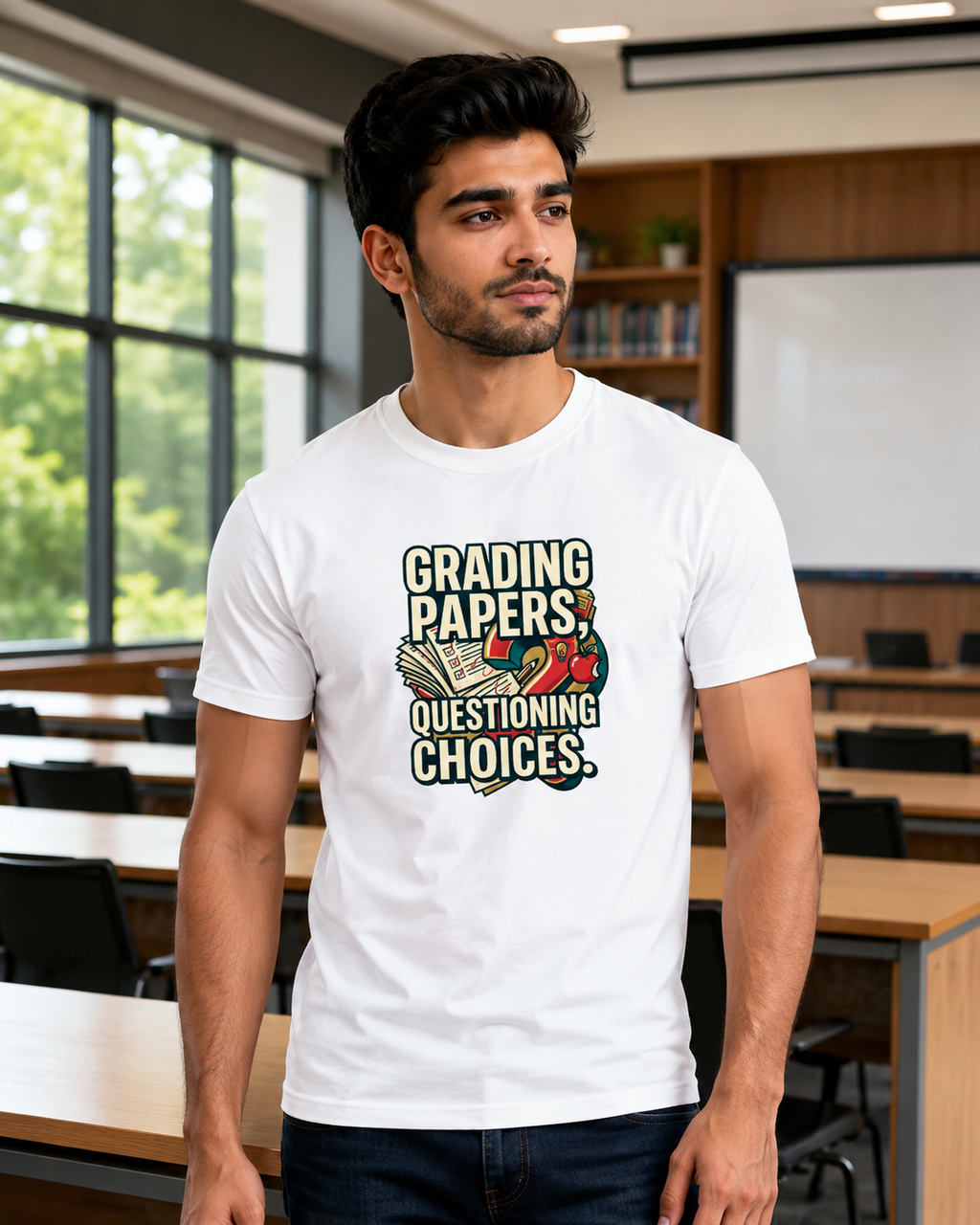 LUCE & SETE GPT mockup 1 - Grading Papers Questioning Choices Premium Graphic T-Shirt for Men & Women | Teach Mode Streetwear - 555_9408233472237_unisex-stretch-t-shirt-190_TEACH_MODE_front_HERO_20260623_131109.png