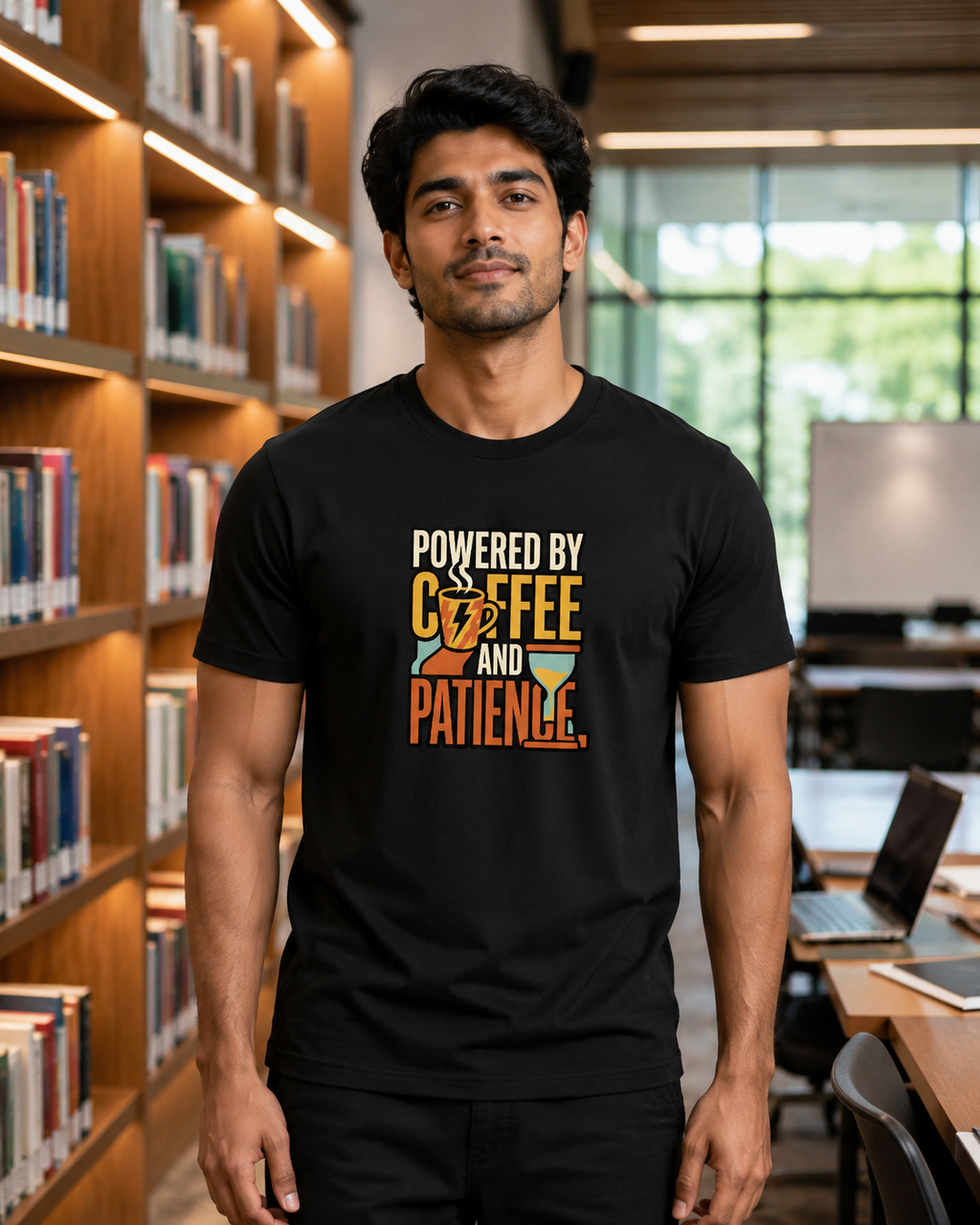 LUCE & SETE GPT mockup 1 - Powered by Coffee and Patience Premium Graphic T-Shirt for Men & Women | Teach Mode Streetwear - 555_9408233570541_unisex-stretch-t-shirt-192_TEACH_MODE_front_HERO_20260623_145814.png