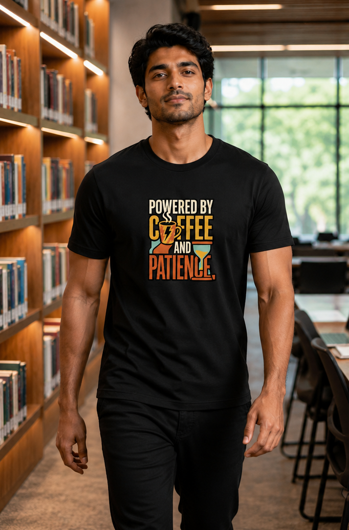 LUCE & SETE GPT mockup 1 - Powered by Coffee and Patience Premium Graphic T-Shirt for Men & Women | Teach Mode Streetwear - 555_9408233570541_unisex-stretch-t-shirt-192_TEACH_MODE_front_PAIR_20260623_145945_01_row1_col1.png