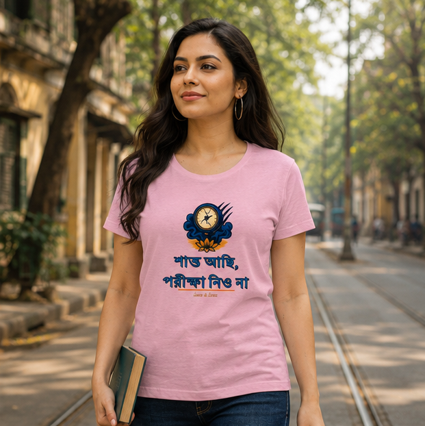 LUCE & SETE GPT mockup 1 - Calm Bengali Statement Classic Graphic T-Shirt for Women | Peaceful Streetwear - 557_9393370464493_womens-classic-t-shirt-100_BENGALI_GRID_20260607_181954_02_row1_col2.png