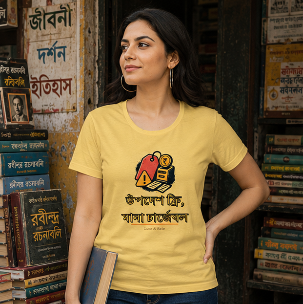 LUCE & SETE GPT mockup 1 - উপদেশ ফ্রি মানা চার্জেবল Classic Graphic T-Shirt for Women | Bengali Sarcasm Streetwear - 557_9393370497261_womens-classic-t-shirt-101_BENGALI_GRID_20260607_182243_01_row1_col1.png