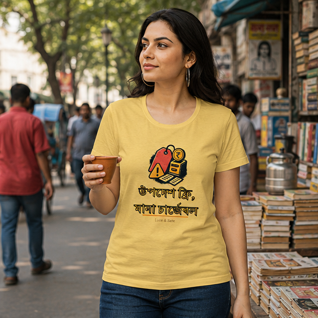 LUCE & SETE GPT mockup 1 - উপদেশ ফ্রি মানা চার্জেবল Classic Graphic T-Shirt for Women | Bengali Sarcasm Streetwear - 557_9393370497261_womens-classic-t-shirt-101_BENGALI_GRID_20260607_182243_02_row1_col2.png