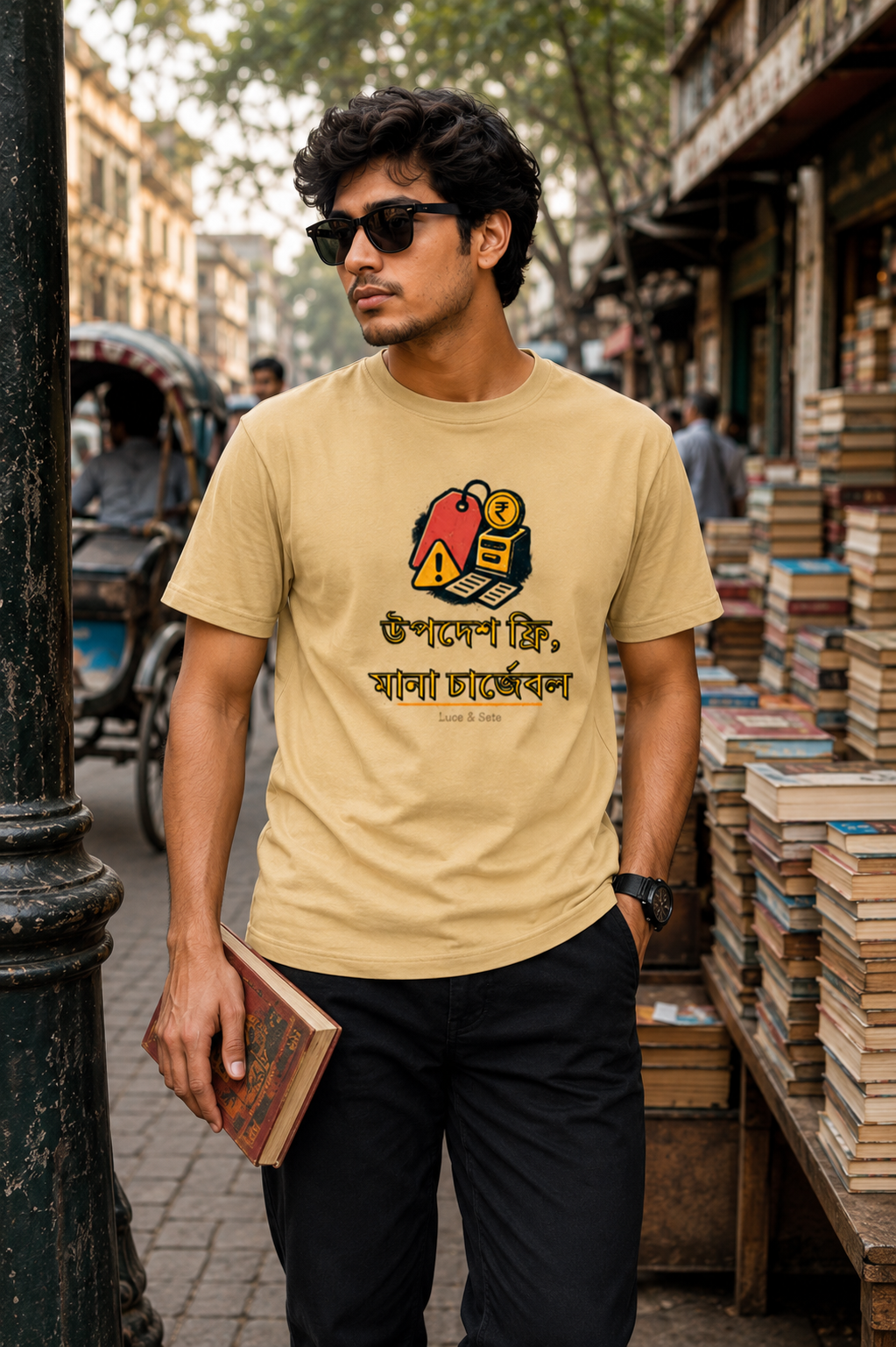 LUCE & SETE GPT mockup 1 - উপদেশ ফ্রি মানা চার্জেবল Classic Graphic T-Shirt for Men | Bengali Sarcasm Streetwear - 557_9393405329645_unisex-classic-crew-t-shirt-90_BENGALI_front_HERO_20260608_055833.png