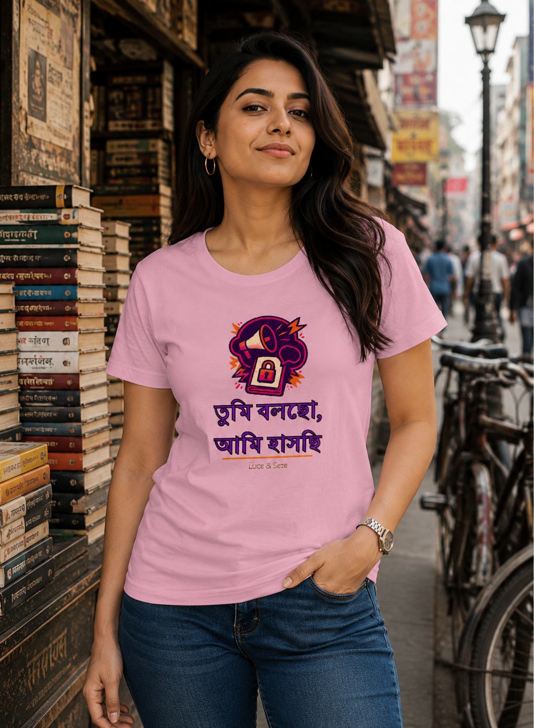 LUCE & SETE GPT mockup 1 - তুমি বলছো, আমি হাসছি Classic Graphic T-Shirt for Women | Bengali Attitude Streetwear - 559_9393379016941_womens-classic-t-shirt-103_BENGALI_front_HERO_20260607_194603.png