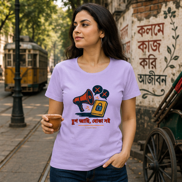 LUCE & SETE GPT mockup 1 - চুপ আছি, বোকার নাই Classic Graphic T-Shirt for Women | Bold Bengali Statement T-Shirt - 560_9393370202349_womens-classic-t-shirt-93_BENGALI_GRID_20260607_182544_02_row1_col2.png