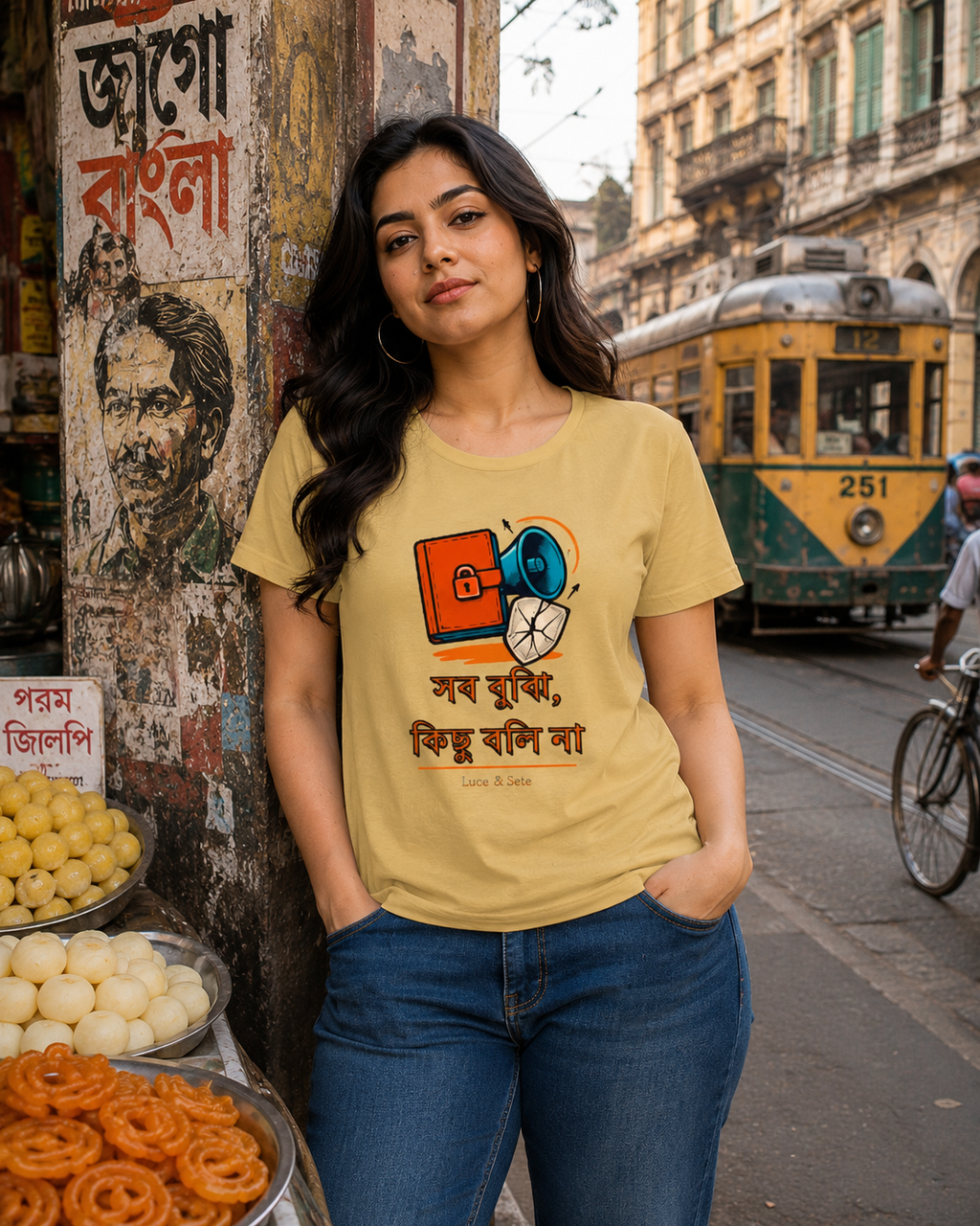 LUCE & SETE GPT mockup 1 - সব বুঝি, কিছু বলি না Classic Graphic T-Shirt for Women | Bengali Attitude Streetwear - 560_9393370366189_womens-classic-t-shirt-98_BENGALI_front_HERO_20260607_183033.png